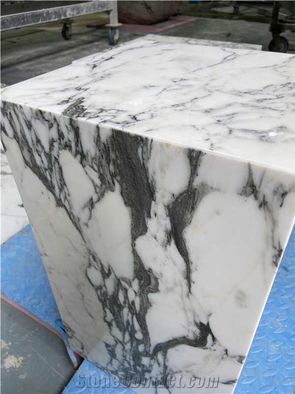Italian Arabescato White Marble Plinth Coffee Table