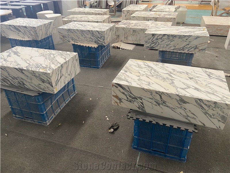 Italian Arabescato White Marble Plinth Coffee Table