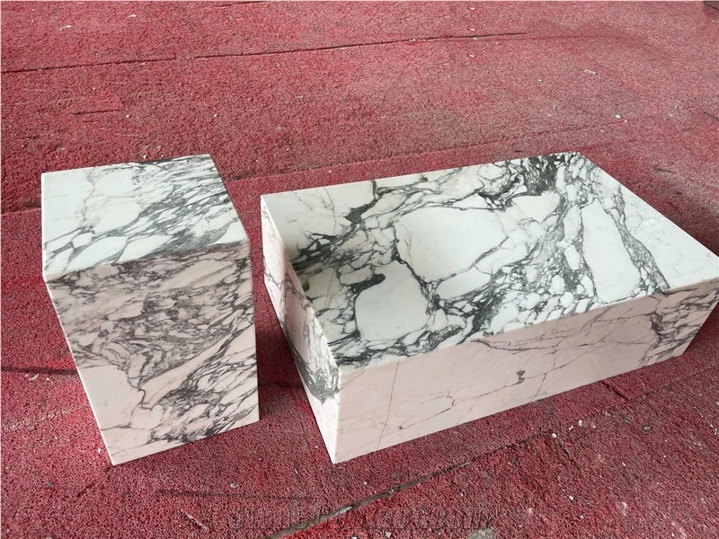 Italian Arabescato White Marble Plinth Coffee Table