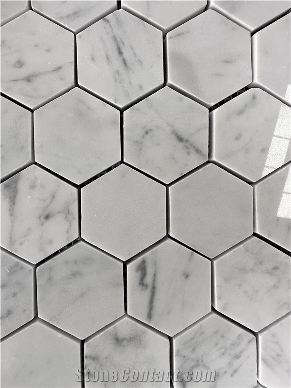 Polished White Carrara Marble Hexagon Wall Mosaic Tiles