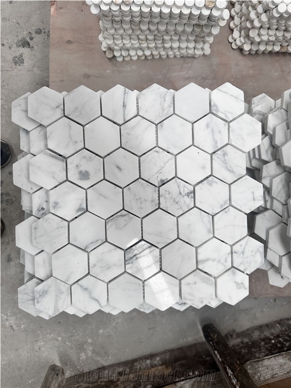 Polished White Carrara Marble Hexagon Wall Mosaic Tiles