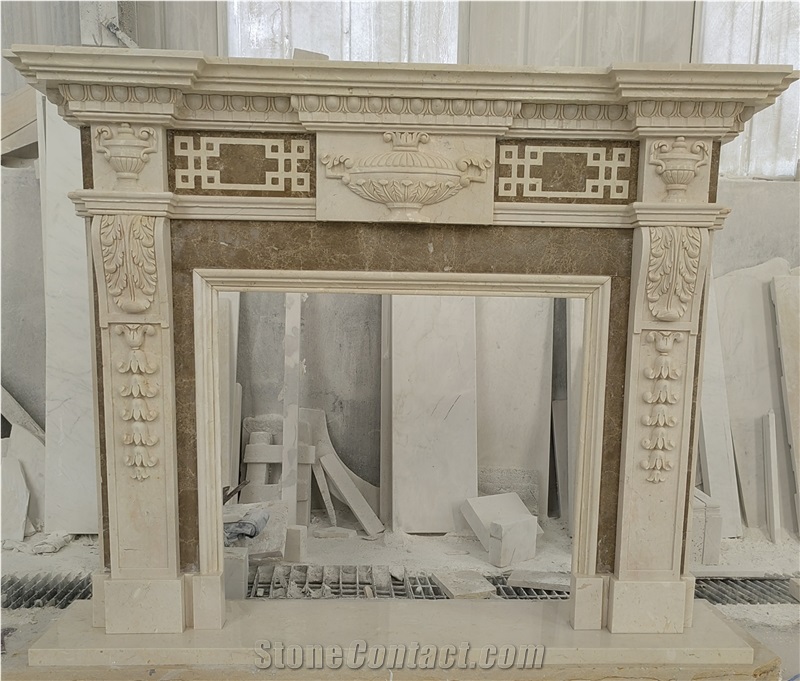 Modern Indoor Decorative Beige Marble Fireplace Mantel