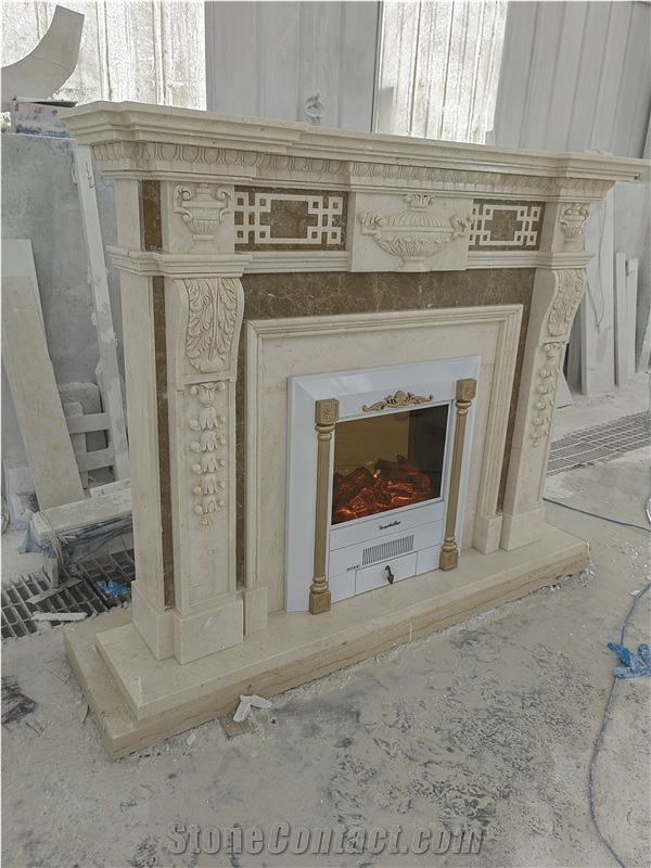 Modern Indoor Decorative Beige Marble Fireplace Mantel