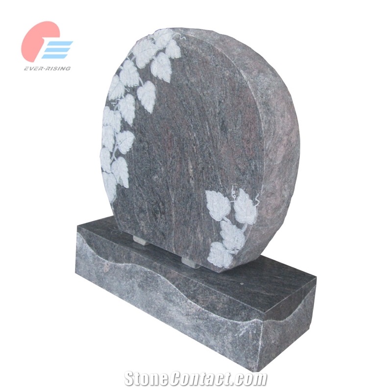 Paradiso Granite Circular Tombstone With Engraved Grape Leaves
