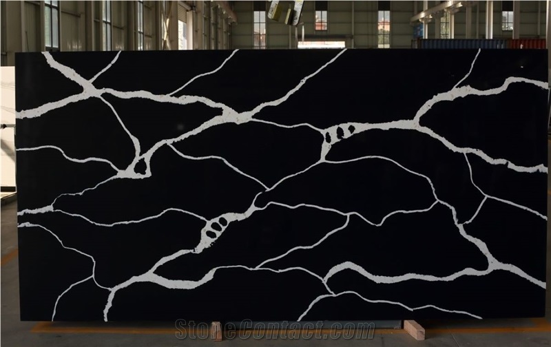 Calacatta Black Quartz Slabs For Flooring Use