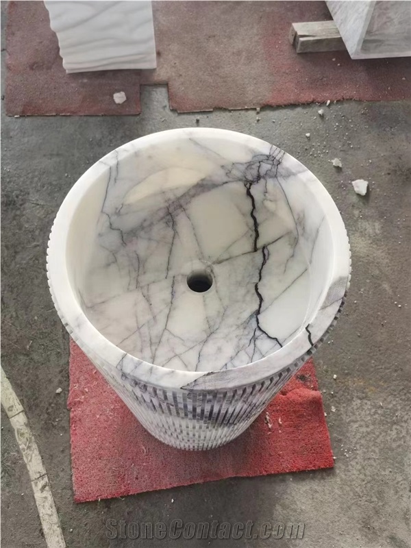 Freestanding Lilac New York White Marble Fluted Pedestal Basin