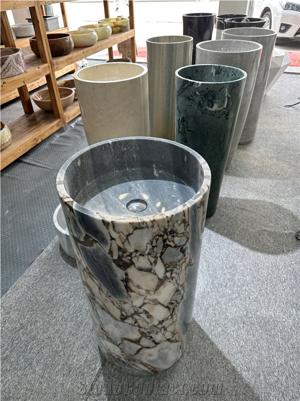 Grey White Marble Round Bathroom Sink