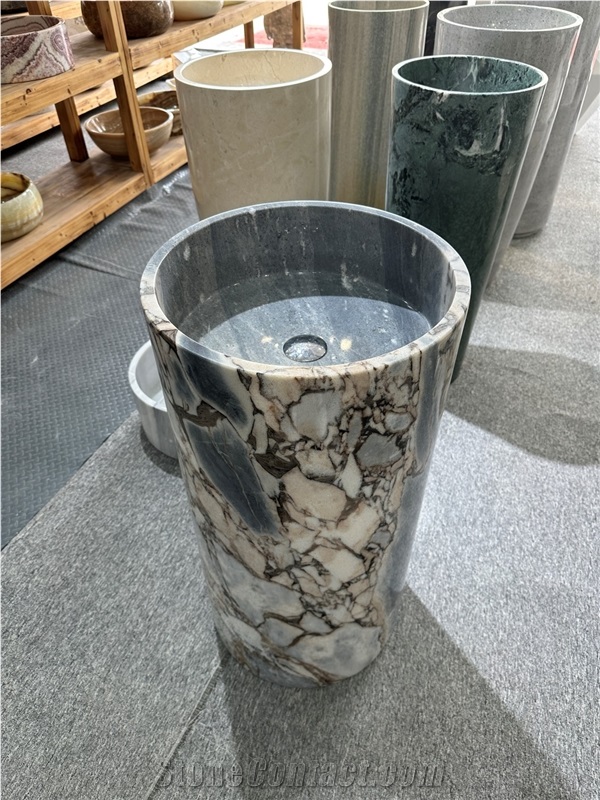 Grey White Marble Round Bathroom Sink