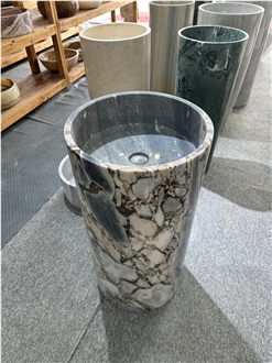 Grey White Marble Round Bathroom Sink
