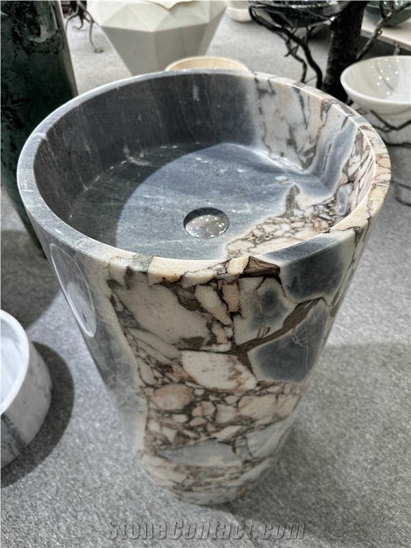Grey White Marble Round Bathroom Sink