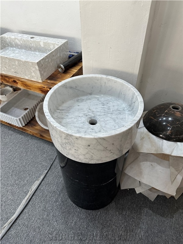 White And Black Pedestal Marble Bathroom Sink