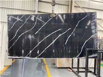 Nero Black Marble Vein Quartz Slabs Interior Floor Use