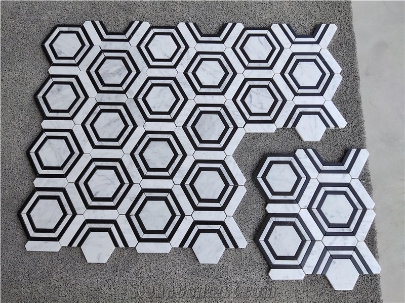 Carrara Bianco Honed Hexagon Nero Strip Mosaic Tiles