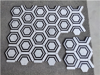Carrara Bianco Honed Hexagon Nero Strip Mosaic Tiles