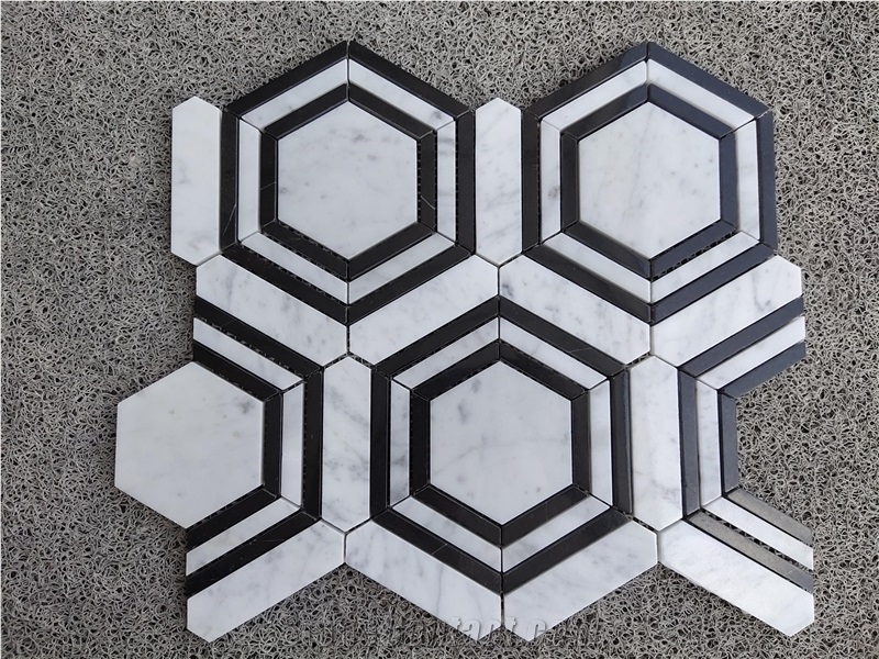 Carrara Bianco Honed Hexagon Nero Strip Mosaic Tiles