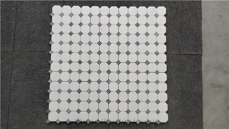 Thassos White Marble Octagon Mosaic Tiles With Grey Dots