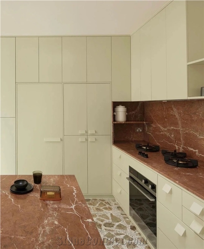 Red Polished Tea Rose Marble Slab For Floor Tiles