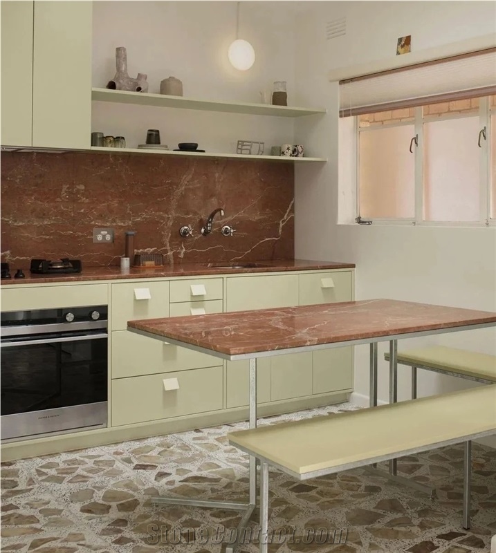 Red Polished Tea Rose Marble Slab For Floor Tiles
