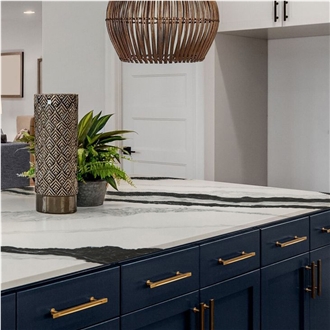 White With Black Artificial Quartz Stone Kitchen Tops