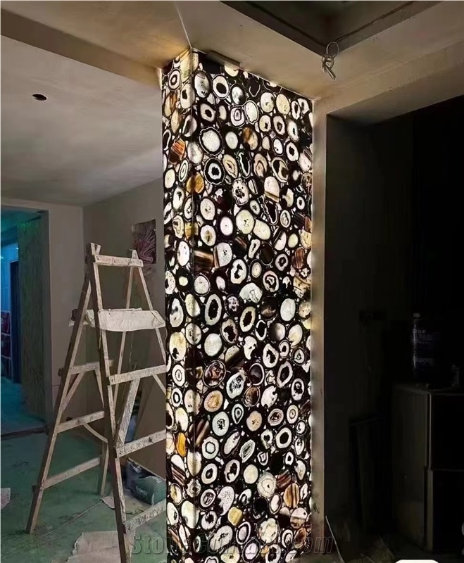 Black Agate Slabs Semiprecious Stone For Wall