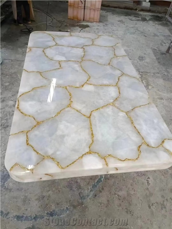 White Quartz Solid Surface Semiprecious Gemstone Table Tops
