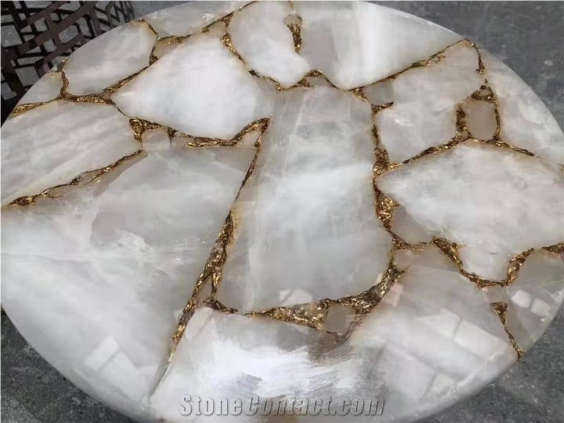 White Quartz Solid Surface Semiprecious Gemstone Table Tops