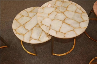 White Quartz Solid Surface Semiprecious Gemstone Table Tops