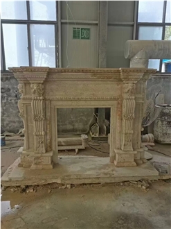 Carved Classic Beige Travertine Fireplace Mantel For Indoor