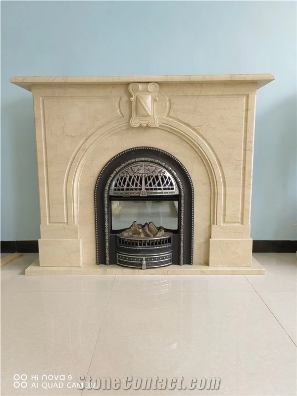 Carved Classic Beige Travertine Fireplace Mantel For Indoor