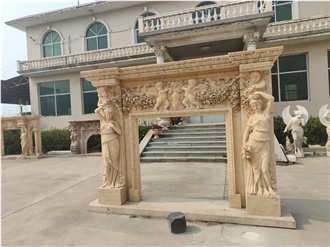 Carved Classic Beige Travertine Fireplace Mantel For Indoor