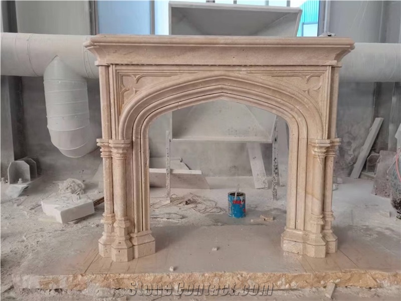 Carved Classic Beige Travertine Fireplace Mantel For Indoor