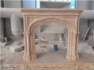 Carved Classic Beige Travertine Fireplace Mantel For Indoor