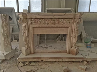 Carved Classic Beige Travertine Fireplace Mantel For Indoor