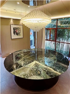 Round Green Marble Dining Table With Lazy Susan Top For Home
