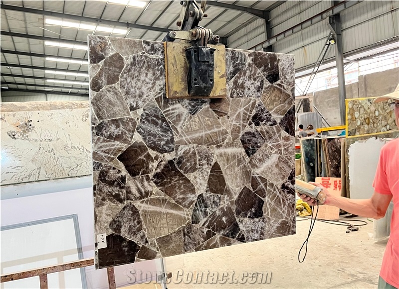 Smoky Quartz Semiprecious Stone Panels, Smoky Lighting Wall Panel