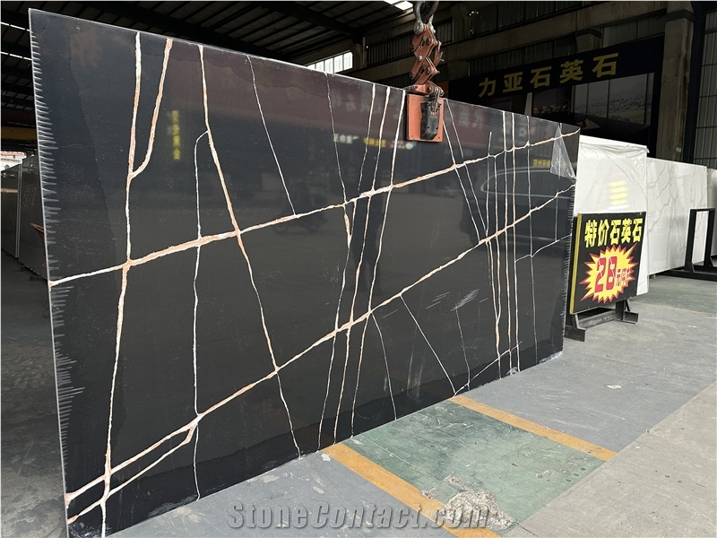Artificial Black And White Veins Stone Slabs Quartz Tiles