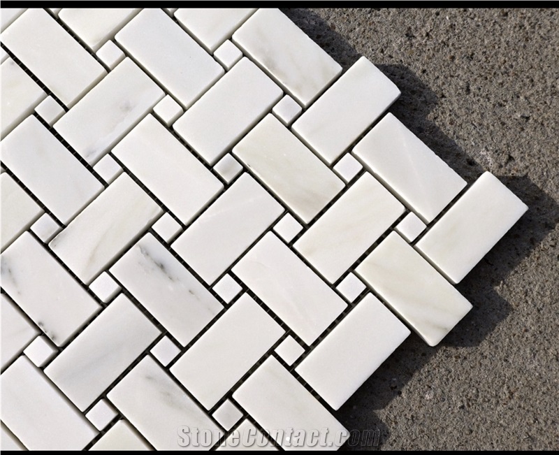 Alabama White Marble Basketweave With Grey Dot Mosaic Iles