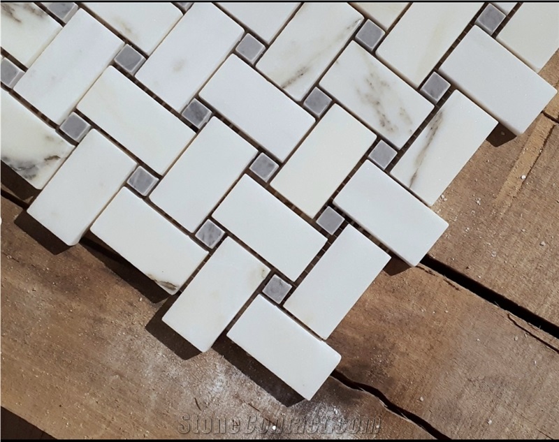 Alabama White Marble Basketweave With Grey Dot Mosaic Iles