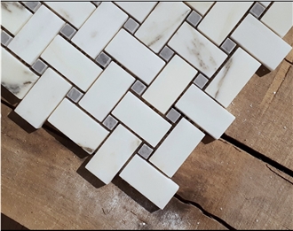 Alabama White Marble Basketweave With Grey Dot Mosaic Iles