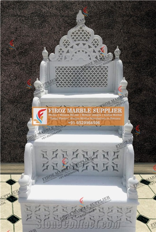 Carved Morwad White Marble Stair Tread Mimber Design