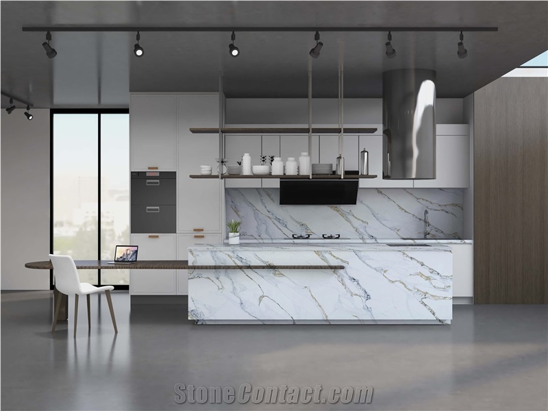 Polished Custom Gold Veins Calacatta 5066 Kitchen Countertop
