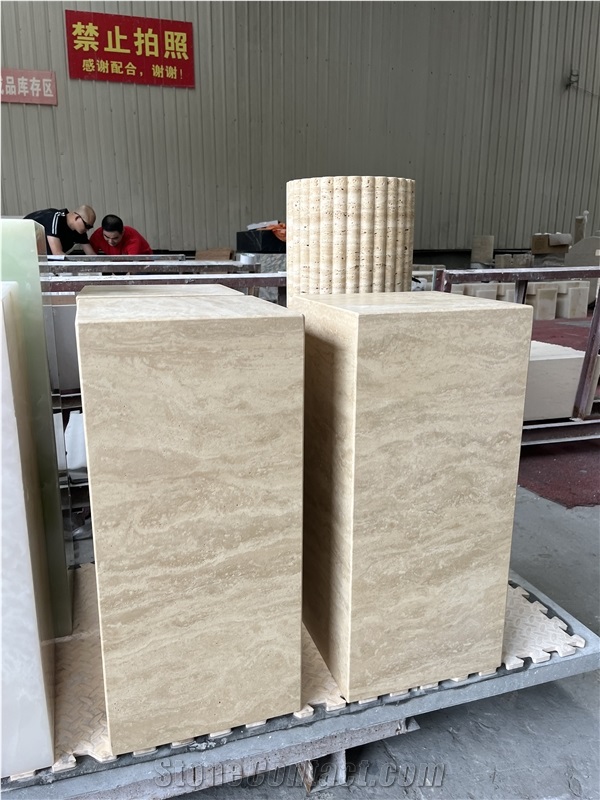 Custom Beige Travertine Cube Tall Plinth Onyx End Side Table