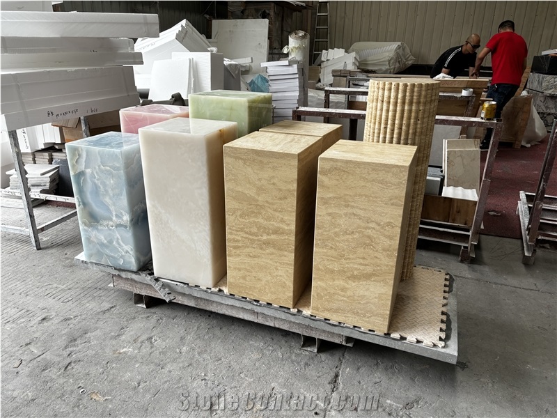 Custom Beige Travertine Cube Tall Plinth Onyx End Side Table