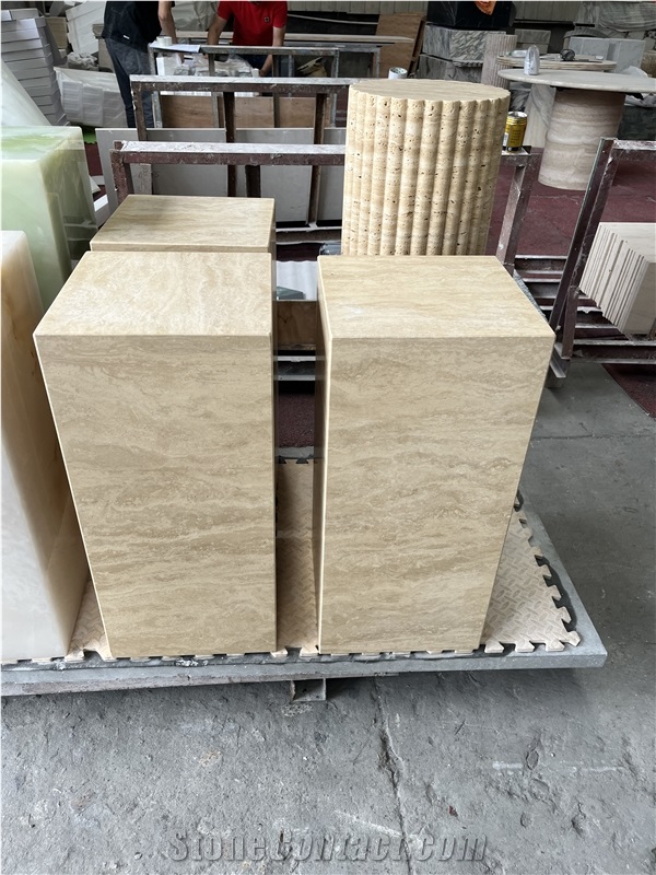 Custom Beige Travertine Cube Tall Plinth Onyx End Side Table