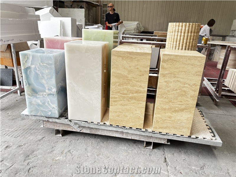 Custom Beige Travertine Cube Tall Plinth Onyx End Side Table