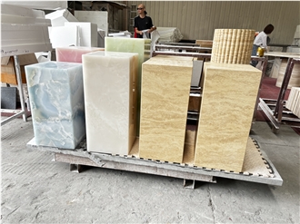 Custom Beige Travertine Cube Tall Plinth Onyx End Side Table