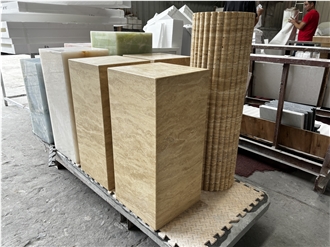 Custom Beige Travertine Cube Tall Plinth Onyx End Side Table