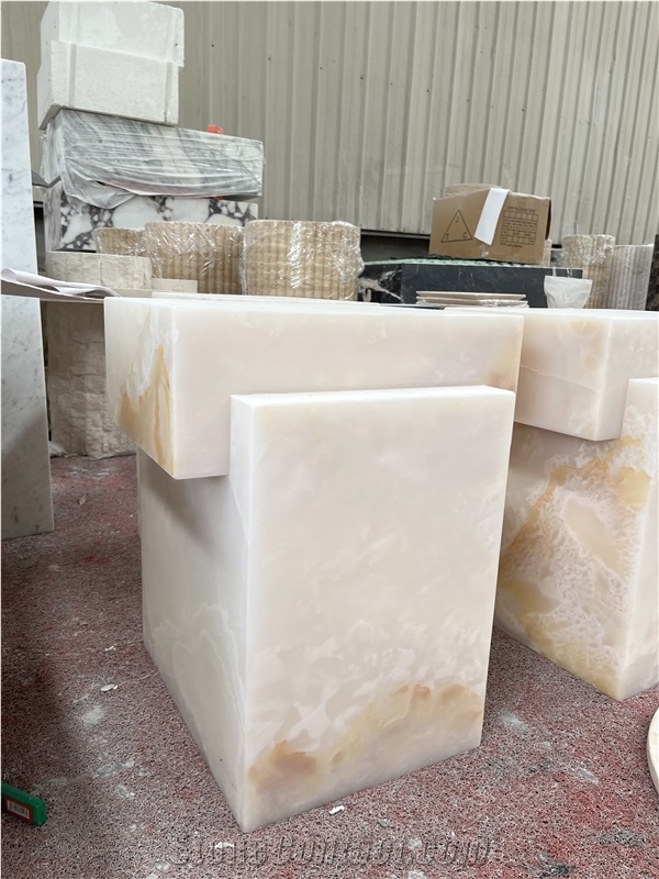 Custom Pink Onyx Quare White Plinth Side Table Living Room