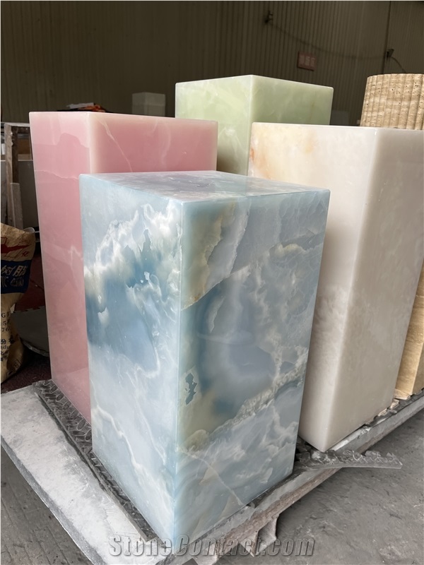 Custom Pink Onyx Quare White Plinth Side Table Living Room