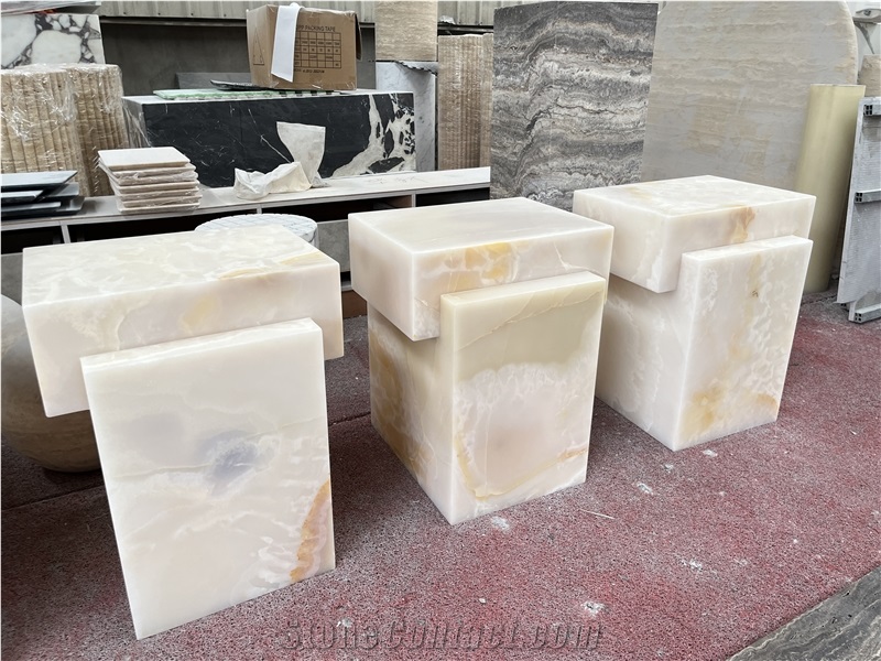 Custom Pink Onyx Quare White Plinth Side Table Living Room